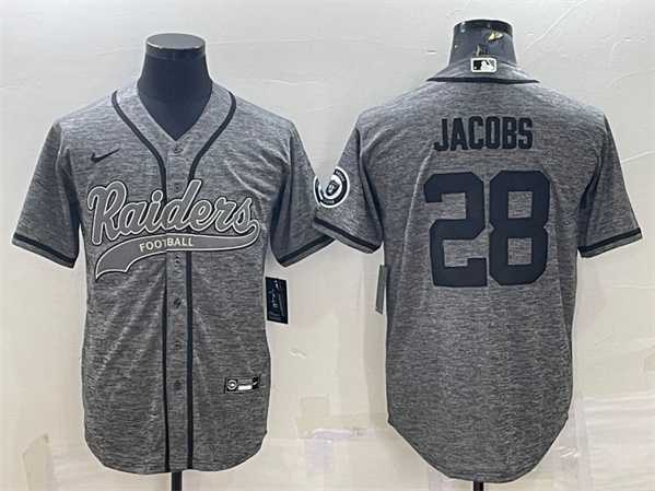 Mens Las Vegas Raiders #28 Josh Jacobs Gray With Patch Cool Base Stitched Baseball Jersey
